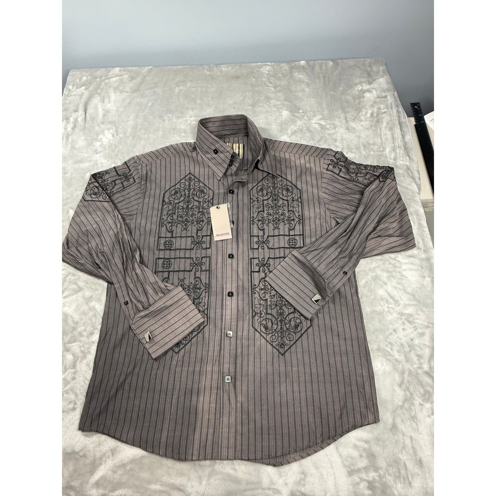 NWT Manzini Mens 100% Cotton Striped Embroidered French Cuff Dress Shirt XL